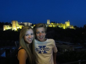 Blair and Jack in Grenada with view of Alhambra.